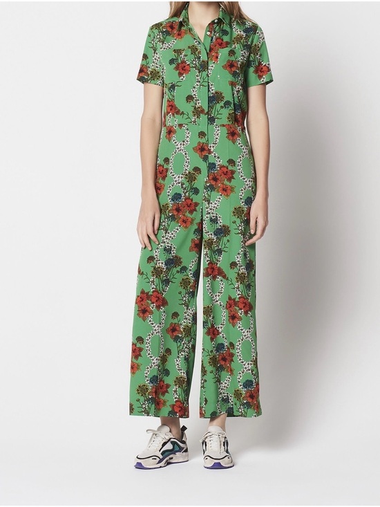 Sandro Pants - Sandro Green Floral Short-Sleeve Jumpsuit with Red Blooms